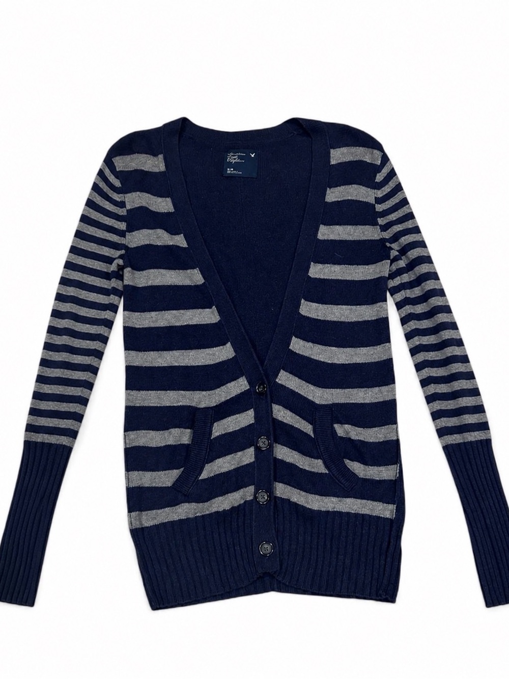 American Eagle Navy Gray Striped Cardigan Sweater Size Medium Button Front